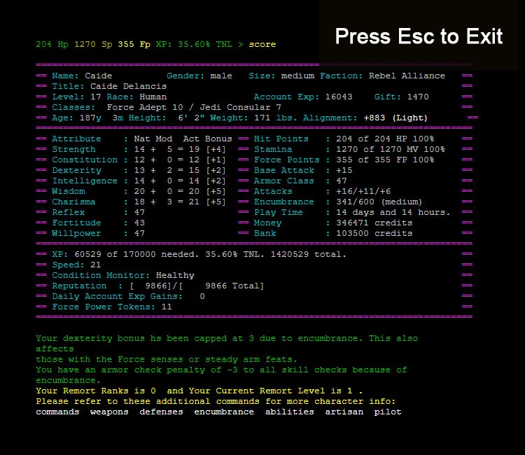 Screenshot of d20MUD: Star Wars Game Play - Score Sheet