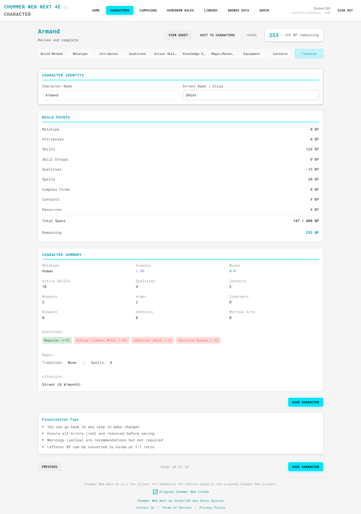 Chummer Web Next Screenshot Character Editor